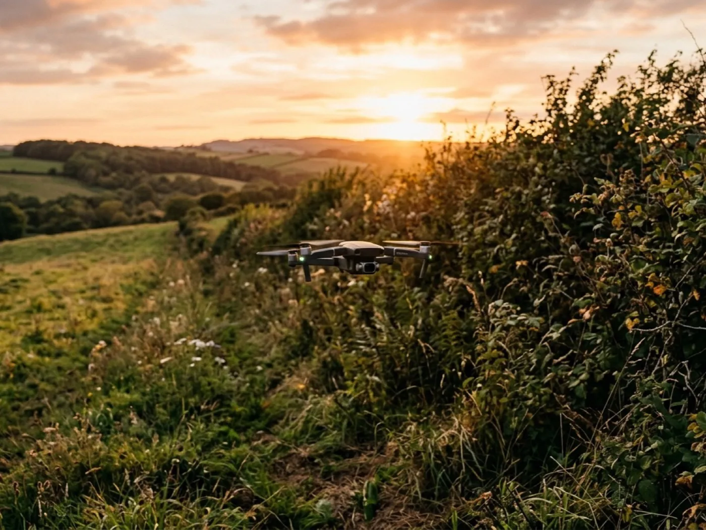 Drone flying low along a hedgerow at last light, searching the field margin