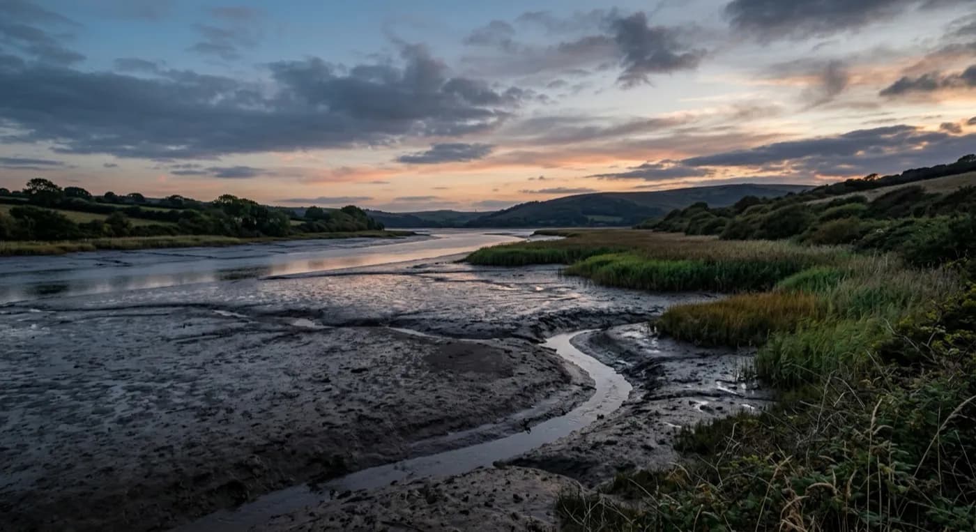 An estuary at low tide with mudflats, creek-side scrub and a falling light