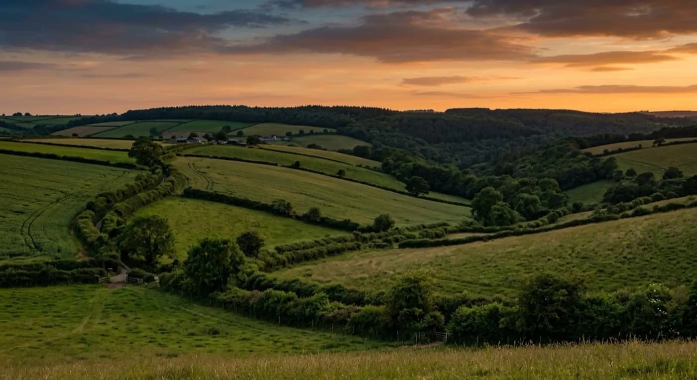 Hedged Devon farmland at last light with a wooded valley edge and open pasture