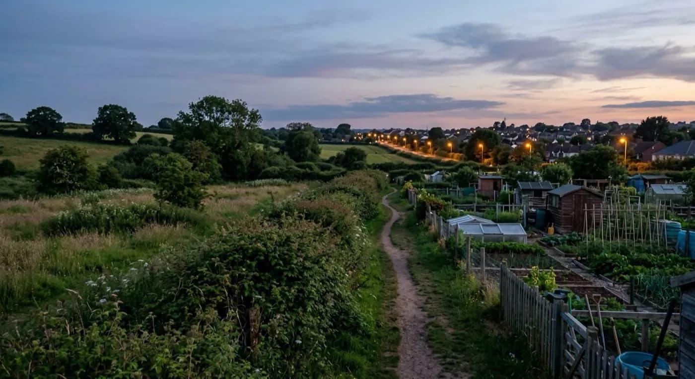 A park and allotment edge on the outskirts of a Devon town at dusk, hedges and open grass giving way to streets